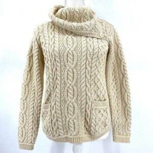 Aran Mor Vintage Cream Cable Knit Sweater with tall folding button collar (S)